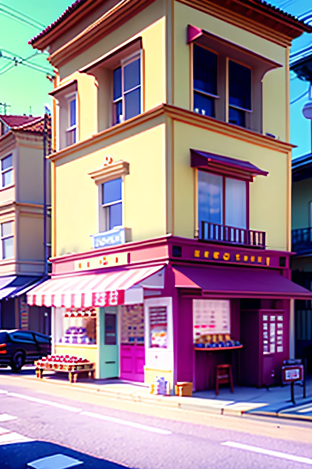 outside shot of a Confectionery, Dessert shop, from the road, displaying the full shop