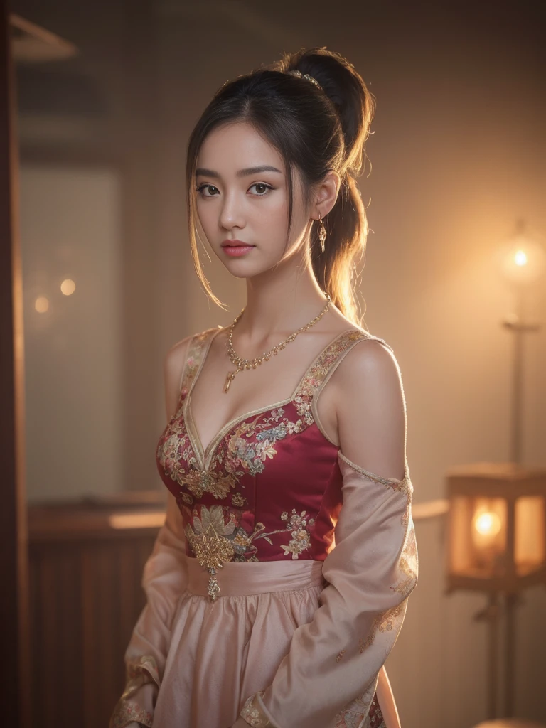 best quality, Masterpiece, height, 1 girl,Chinese dress,The dress is very short, showing off the beautiful proportions., decorationsผม,necklace, decorations,Beautiful face,when_body, Tyndall Effect,realistic, dark studio, Light around the wheel rim, Two tone light,(Highly detailed skin:1.2), 8K เอ่อ, dslr, soft light, High quality, Volumetric light, Straightforward, photograph, high resolution, 4K, 8K, Bokeh, black ponytail hair,