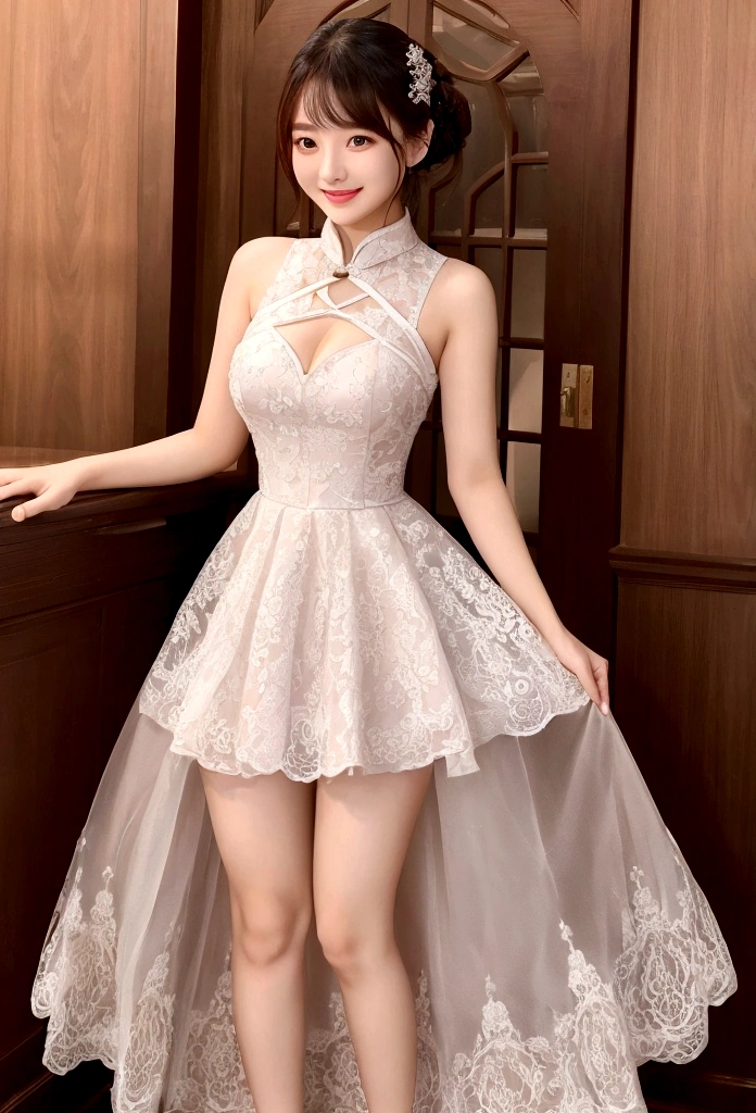 Wang Lin、Wearing a dress with a large opening that shows off her bodyline、Smile、whole body