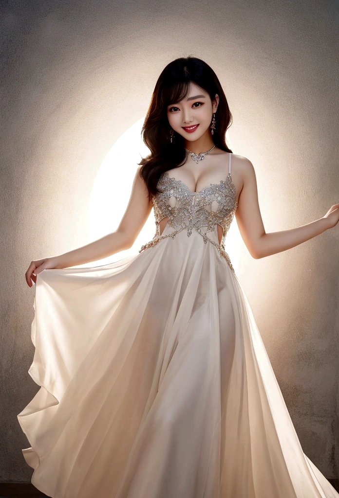 Wang Lin、Wearing a dress with a large opening that shows off her bodyline、Smile、whole body