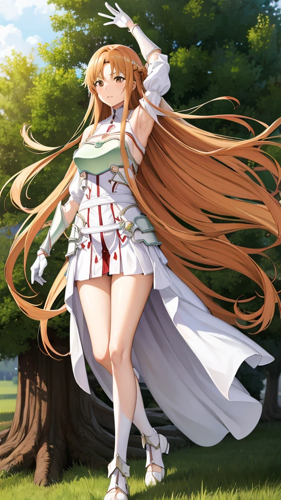 masterpiece, best quality, highres, ddasuna, long hair, brown hair, hair ribbon, brown eyes, bare shoulders, white armor, armored dress, detached sleeves, white gloves, white thighhighs,  standing, grass, field, (white panties:1.3), (spread legs), (upskirt)