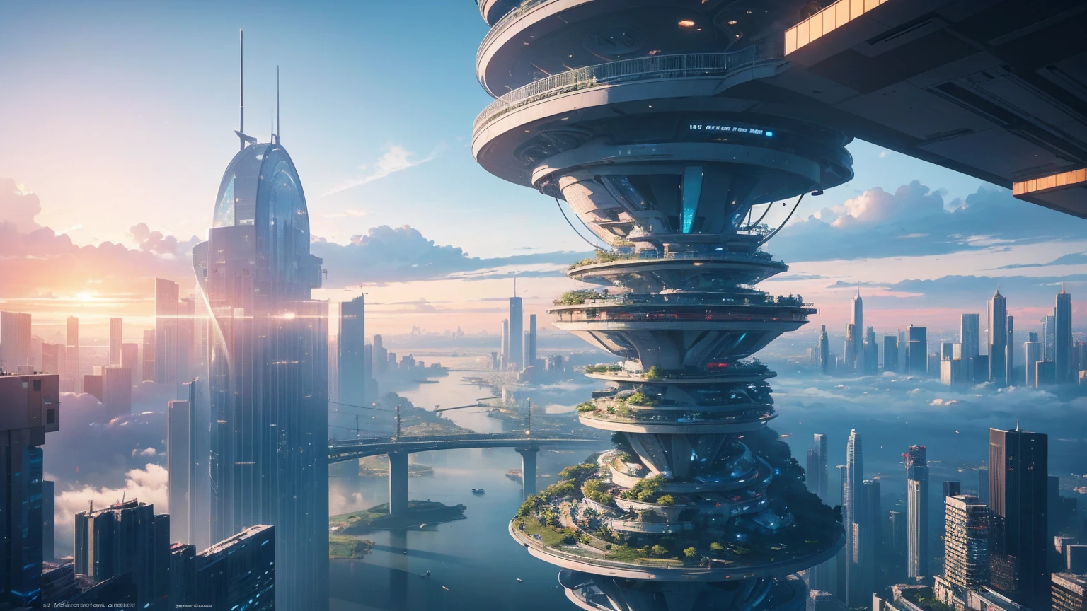 (Best quality,4K,8K,A high resolution,Masterpiece:1.2),Ultra-detailed,(Realistic,Photorealistic,photo-realistic:1.37),Futuristic floating city,Futuristic technology,Huge urban high-tech tablet platform,Airship,Floating in the sky,Futuristic city,Small airships around,High-tech hemispherical platform,Colorful lights,Advanced architecture,modernn architecture,skyscrapper,Access the cloud,Scenic beauty,view over city,Impressive design,Blend seamlessly with nature,energetic and vibrant atmosphere,Futuristic transportation system,Parking is suspended,Transparent path,Lush greenery,Sky gardens,cascading waterfalls,Magnificent skyline,reflections on the water,Sparkling river,Architectural innovation,futuristic skyscrapers,Transparent dome,The shape of the building is unusual,Elevated walkway,Impressive skyline,Glowing lights,Futuristic technology,Minimalist design,Scenic spots,Panoramic view,Cloud Piercing Tower,Vibrant colors,epic sunrise,epic sunset,Dazzling light display,magical ambiance,The future city,Urban Utopia,LuxuryLifestyle,Innovative energy,sustainable development,Smart city technology,Advanced infrastructure,Tranquil atmosphere,Nature and technology live in harmony,Awesome cityscape,Unprecedented urban planning,Architecture connects seamlessly with nature,High-tech metropolis,A cutting-edge engineering marvel,The future of urban living,Visionary architectural concept,Energy-efficient buildings,Harmony with the environment,A city floating above the clouds,Utopian dreams become reality,The possibilities are endless,State-of-the-art transportation network,Green energy integration,Innovative materials,Impressive holographic display,Advanced communication system,Breathtaking aerial view,Quiet and peaceful environment,Modernist aesthetics,Ethereal beauty