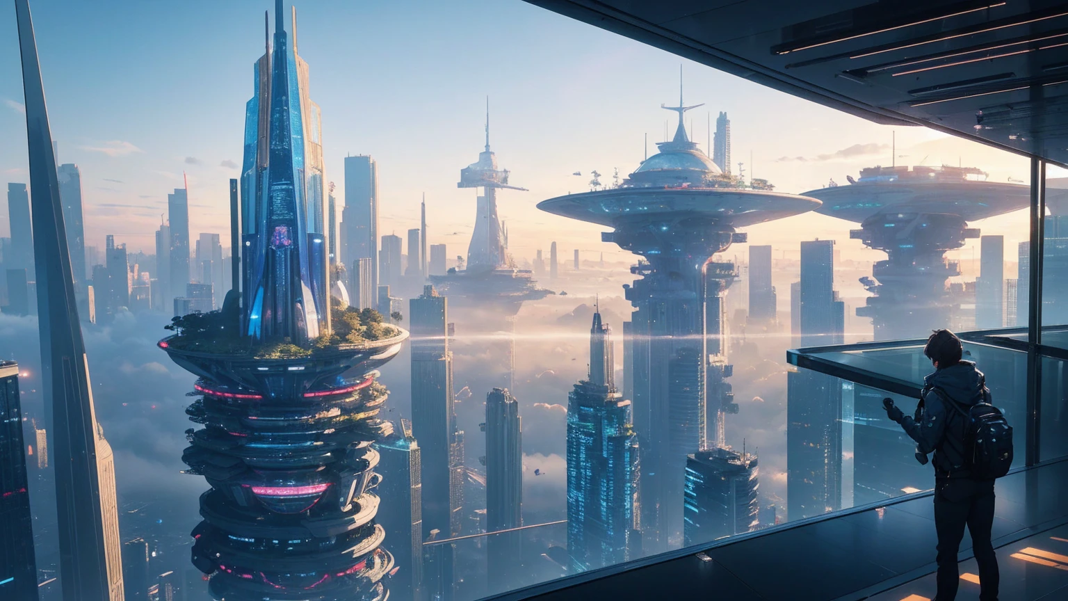 (Best quality,4K,8K,A high resolution,Masterpiece:1.2),Ultra-detailed,(Realistic,Photorealistic,photo-realistic:1.37),Futuristic floating city,Futuristic technology,Huge urban high-tech tablet platform,Airship,Floating in the sky,Futuristic city,Small airships around,High-tech hemispherical platform,Colorful lights,Advanced architecture,modernn architecture,skyscrapper,Access the cloud,Scenic beauty,view over city,Impressive design,Blend seamlessly with nature,energetic and vibrant atmosphere,Futuristic transportation system,Parking is suspended,Transparent path,Lush greenery,Sky gardens,cascading waterfalls,Magnificent skyline,reflections on the water,Sparkling river,Architectural innovation,futuristic skyscrapers,Transparent dome,The shape of the building is unusual,Elevated walkway,Impressive skyline,Glowing lights,Futuristic technology,Minimalist design,Scenic spots,Panoramic view,Cloud Piercing Tower,Vibrant colors,epic sunrise,epic sunset,Dazzling light display,magical ambiance,The future city,Urban Utopia,LuxuryLifestyle,Innovative energy,sustainable development,Smart city technology,Advanced infrastructure,Tranquil atmosphere,Nature and technology live in harmony,Awesome cityscape,Unprecedented urban planning,Architecture connects seamlessly with nature,High-tech metropolis,A cutting-edge engineering marvel,The future of urban living,Visionary architectural concept,Energy-efficient buildings,Harmony with the environment,A city floating above the clouds,Utopian dreams become reality,The possibilities are endless,State-of-the-art transportation network,Green energy integration,Innovative materials,Impressive holographic display,Advanced communication system,Breathtaking aerial view,Quiet and peaceful environment,Modernist aesthetics,Ethereal beauty