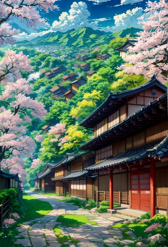 "Create a high-resolution anime-style landscape in super HD quality. The scene features a serene, picturesque countryside with rolling green hills and vibrant, blooming flowers. A clear blue river winds through the landscape, reflecting the bright, sunny sky dotted with fluffy white clouds.

In the foreground, there is a well-maintained dirt path leading towards a quaint village with traditional Japanese houses. Cherry blossom trees in full bloom line the path, their pink petals gently falling. Majestic mountains loom in the background, partially covered in mist.

The colors are vivid and detailed, capturing the tranquility and beauty of nature in an anime style, with meticulous attention to shading and lighting to enhance the depth and realism of the scene."