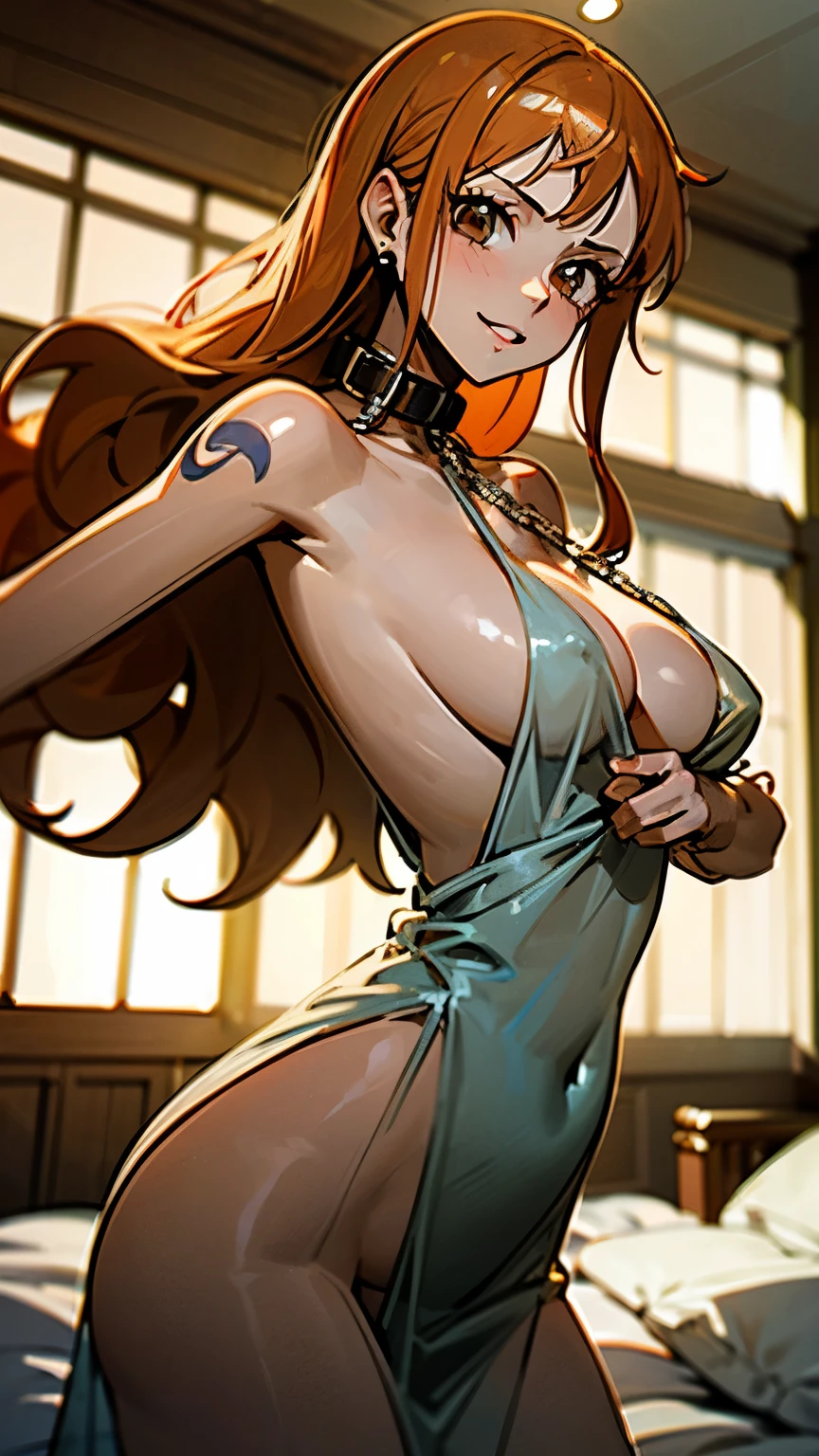 masterpiece, best quality, ultra-detailed, 1girl (namiop, sexual slavery of old man,Big and pretty breasts,naked body, jewelry, earrings, dog collar(chains), orange hair,long hair, brown eyes, ), a shallow face, wicked smile, , parted lips, facing viewer, looking at viewer, solo, nude, see-through nightgown, cleavage,  sideless, wanostyle, night time, backlight, in the bedroom, slave ,  standing,  Sexy waist teasing, come-on, lure , seductive pose , from_below , 