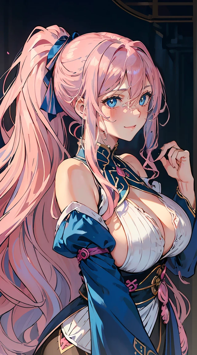 handsome older WOMAN，blue-eyes，blue pupils，Long pink hair，Hyperresolution，accuracy，Detailed rendering，（Subtle facial image）（Image of fine hair）（topquality）（Masterpieces of masters）（High degree of completeness）（A sense of atmosphere）tmasterpiece，Super detailed and super detailed（half-body portrait), long wavy pink hair, (((tHICK WAVY HAIR)))(((ANKLE LENGTH HAIR)))(((Blushing)))(((Huge breasts)))(((LARGER BREASTS))) large breasts, bigger breasts (((Bigger breasts))) (((Blushing))) (((Sakimichan))) (((Pink hair)))(((Focused))) (((Hair in a long ponytail))) (((Ponytail))) (((elf ears))) (((Smiling)))