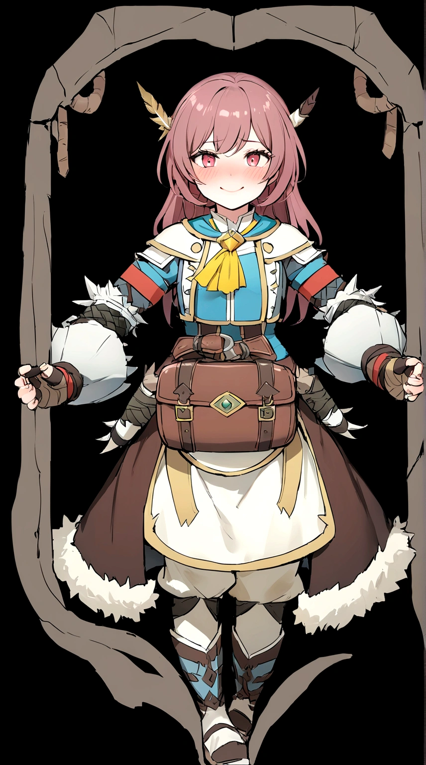 ((monsterhunter)), looking the viewer, solo, girl, shy, red cheek, bashful, embarrassed, smiling, happy, perfect face, muscular,  long hair, beautiful eye, upper body
