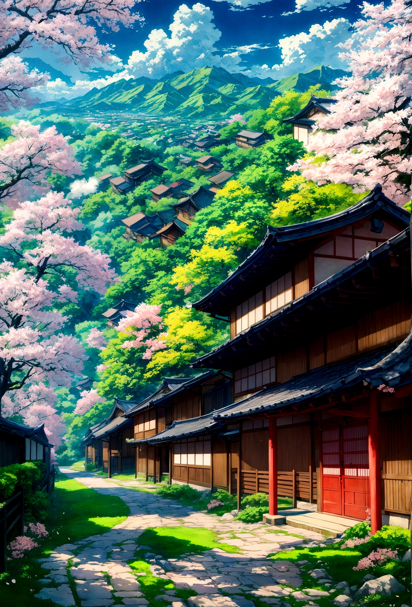 "Create a high-resolution anime-style landscape in super HD quality. The scene features a serene, picturesque countryside with rolling green hills and vibrant, blooming flowers. A clear blue river winds through the landscape, reflecting the bright, sunny sky dotted with fluffy white clouds.

In the foreground, there is a well-maintained dirt path leading towards a quaint village with traditional Japanese houses. Cherry blossom trees in full bloom line the path, their pink petals gently falling. Majestic mountains loom in the background, partially covered in mist.

The colors are vivid and detailed, capturing the tranquility and beauty of nature in an anime style, with meticulous attention to shading and lighting to enhance the depth and realism of the scene."