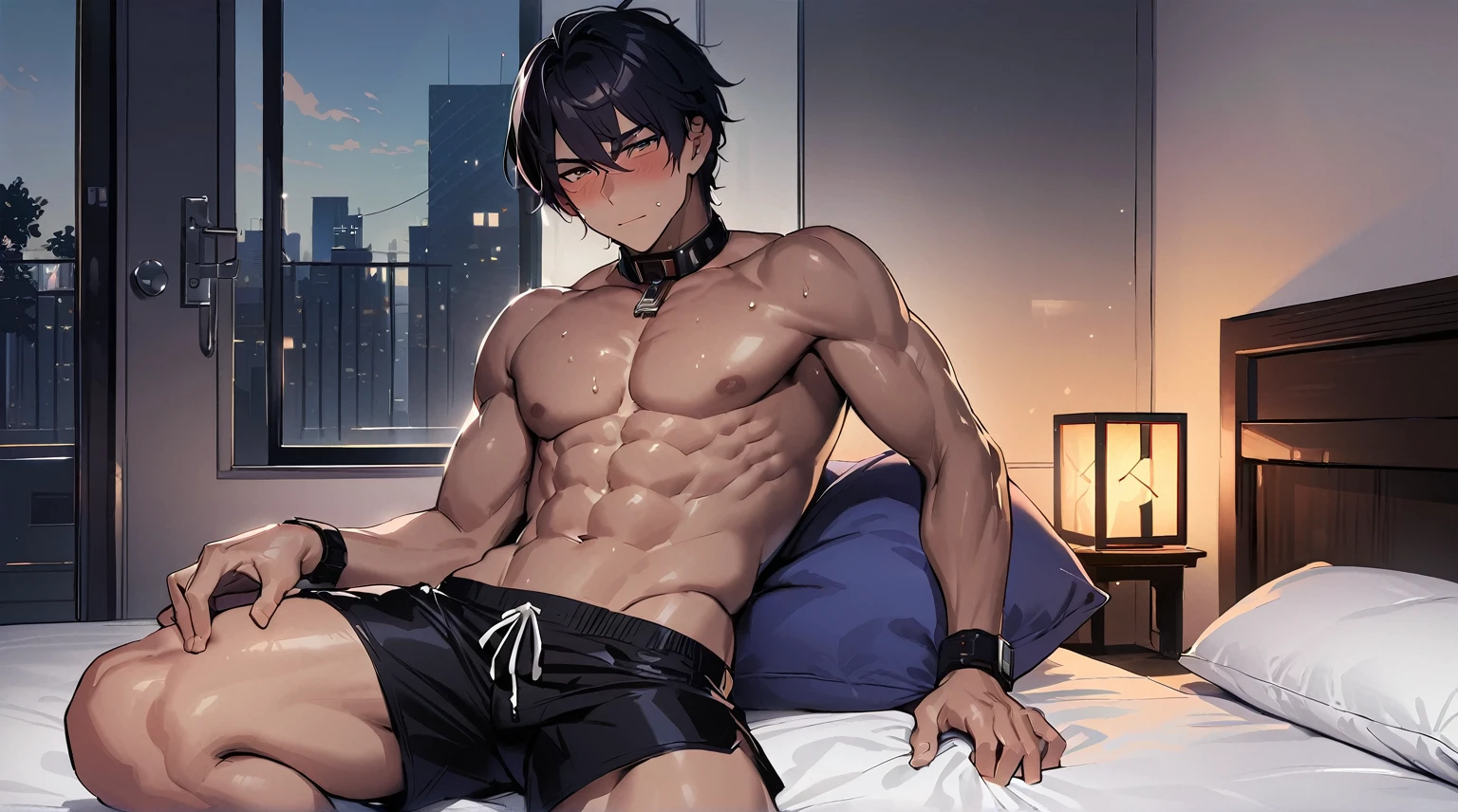 (absurd, high resolution, Extremely detailed),1 man, Mature and handsome man, Blushing smile,Seductive expression, Solitary, muscular, Muscle Man, High target, handsome guy, Big biceps, Abdominal muscles, thigh, Broad shoulders, Open the chest,Big bulge, Black short hair,sweat, Sweaty hair, Shirtless, Sit on the bed and relax, Black shorts, Viewers Watching, high resolution:1.2, best quality, Upper body shooting, Flat style, Ambiguous room background, Low photographic angle, Volumetric Lighting, Depth of Field, shadow,Romantic environment