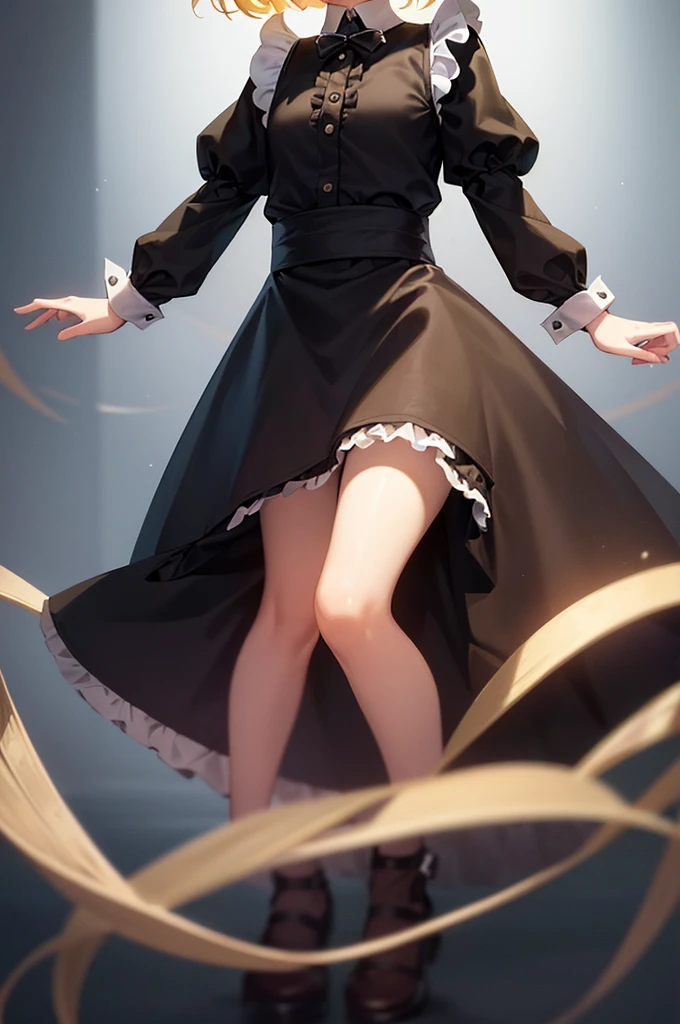 ((Maid)),Frills,Cute little ,Tiny ,Small girl,,Childish face, Very fine clean face,Top quality,Straight Hair,Yellow hair,(Dark Room), Subtle light, Natural light,Soft lighting,Light from directly behind,(Open your hands), (Are standing),Front view,Black background