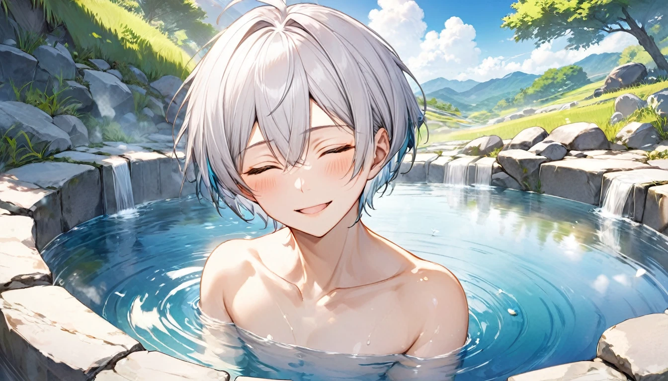 panoramic, (relax bathing style) (a 16 yo, crew cut silver hair very short hair divine fighter boy, cool closed eyes, smile, flat chest), break,  (in the very large natural hot spring, background nature), BREAK, perfect anatomy, masterpiece, best quality, 16k, beautiful detailed hot spring, daydreaming expression.