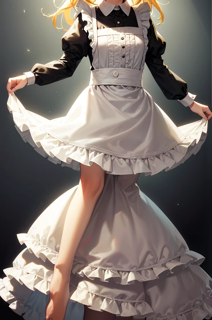 ((Maid)),Frills,Cute ,Tiny ,Small ,Childish face, Very fine clean face,Top quality,Straight Hair,Yellow hair,(Dark Room), Subtle light, Natural light,Soft lighting,Light from directly behind,(Open your hands), (Are standing),Front view,Black background