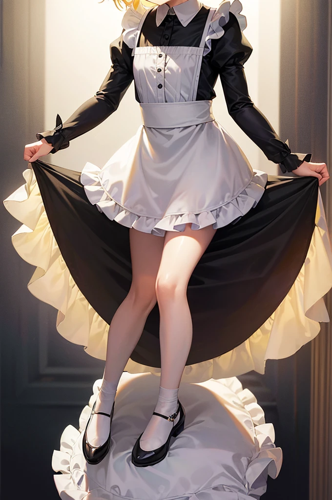 ((Maid)),Frills,Cute  ,Tiny ,Small ,Childish face, Very fine clean face,Top quality,Straight Hair,Yellow hair,(Dark Room), Subtle light, Natural light,Soft lighting,Light from directly behind,(Open your hands), (Are standing),Front view,Black background