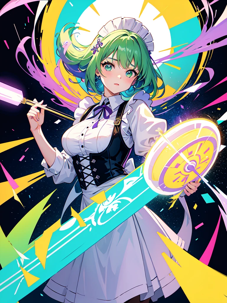 He carried a huge shield as tall as himself., watercolor画, （Gradient braided hair, (Ink blotches:1.1), (pale:1.2),(Light purple:1.2),(Light green:1.2)）and wearing a maid outfit 　Mature face,tall, Wearing black tights,Green Eyes, The skin is hidden　and 1 female, Nervous,Cowboy Shot, sketch (Character design sheet, same characters, whole body, Three-View, front, ~ ~ ~ side, return),(Very bright:1.1), White Background, [1 Girl:7], (Tilt your head:1.2), ([sketch|watercolor \(Moderate\)]:1.15),Chaotic Abstract Background, Vector Trace, Gradient Blending, Bright colors, that&#39;wonderful, Very detailed, Complex, (Very low contrast:1.4）
