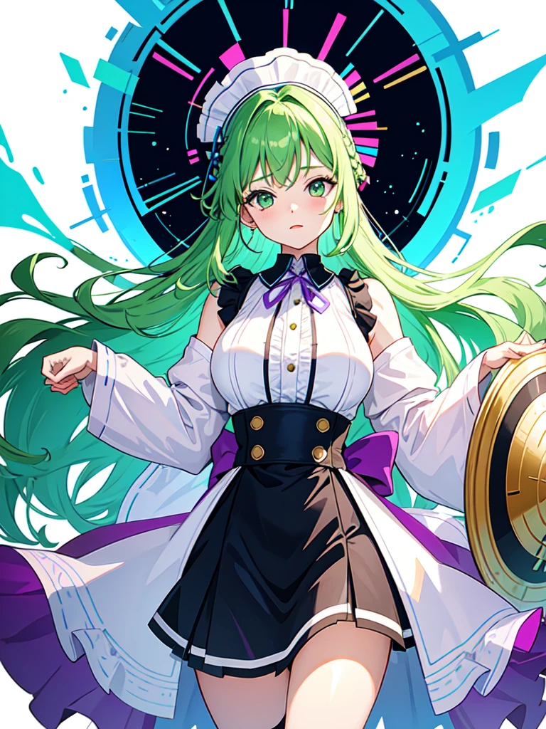 He carried a huge shield as tall as himself., watercolor画, （Gradient braided hair, (Ink blotches:1.1), (pale:1.2),(Light purple:1.2),(Light green:1.2)）and wearing a maid outfit 　Mature face,tall, Wearing black tights,Green Eyes, The skin is hidden　and 1 female, Nervous,Cowboy Shot, sketch (Character design sheet, same characters, whole body, Three-View, front, ~ ~ ~ side, return),(Very bright:1.1), White Background, [1 Girl:7], (Tilt your head:1.2), ([sketch|watercolor \(Moderate\)]:1.15),Chaotic Abstract Background, Vector Trace, Gradient Blending, Bright colors, that&#39;wonderful, Very detailed, Complex, (Very low contrast:1.4）