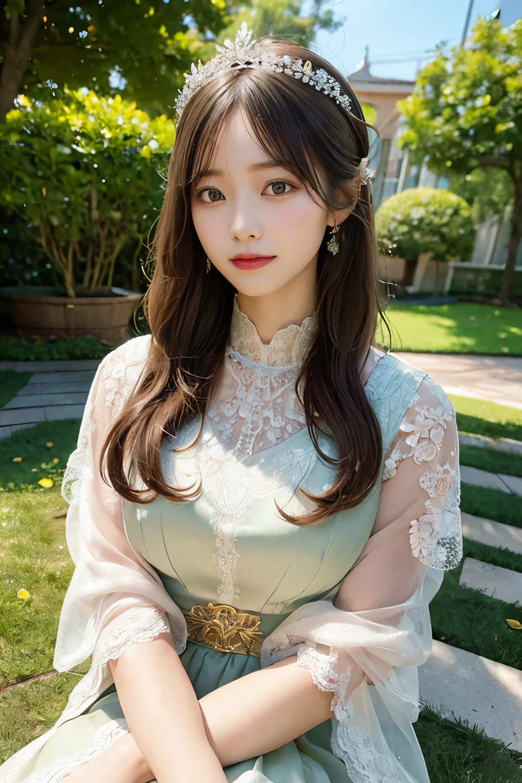 A beautiful woman sitting in a serene garden, elegant green foliage and warm wooden elements surrounding her, (best quality,4k,8k,highres,masterpiece:1.2),ultra-detailed,(realistic,photorealistic,photo-realistic:1.37),beautiful detailed eyes, beautiful detailed lips, extremely detailed face, long eyelashes, intricate floral headpiece, delicate lace dress, pensive expression, natural lighting, vibrant colors, cinematic composition, environmental portrait