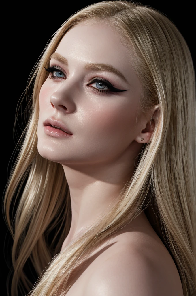 woman pretty, blonde,slick-blonde-back hair, sheer dress,pale,eyeliner,portrait,no-makeup ,full body, makeup ,pale woman painting, eyeliner wonderful highly detailed masterpiece, beautiful light deep focus, elegant, digital painting, smooth, dramatic lighting, ultra realistic, 8k, art , black background,black background, black wallpaper 