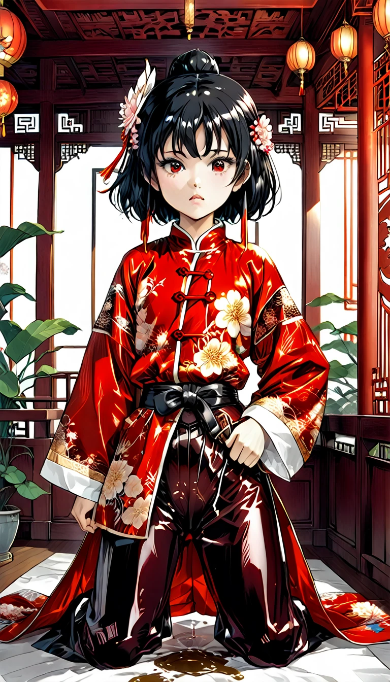 A tragic historical drama in 8k live-action style: Beautiful palace secrets　Beautiful 10 year old Chinese Kung Fu girl Hime with short black hair is forced to wear excrement pants　Gorgeous embroidery, Ultra glossy, She is wearing a shiny red top and bottom long sleeve floral pajama kung fu suit....　　　