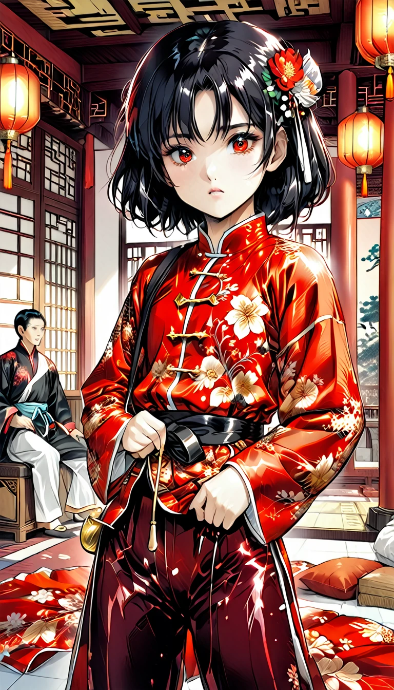 A tragic historical drama in 8k live-action style: Beautiful palace secrets　Beautiful 10 year old Chinese Kung Fu girl Hime with short black hair is forced to wear excrement pants　Gorgeous embroidery, Ultra glossy, She is wearing a shiny red top and bottom long sleeve floral pajama kung fu suit....　　　