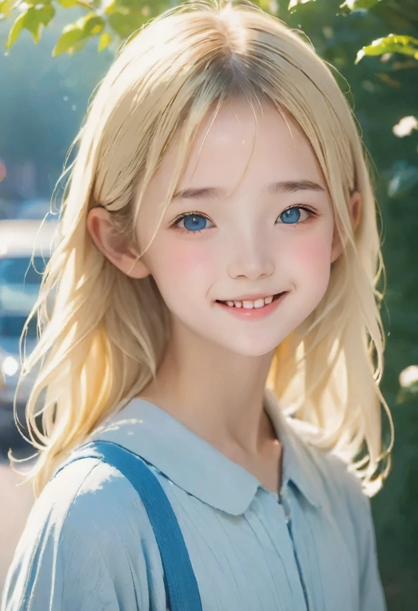 RAW Photos、Realistic、Highest quality、masterpiece、14 years old、Smiling girl in 、((soft blonde hair:1.3))、Summer Morning、The world is around 25℃、morning fresh air、On the way to school、Cute face、Highly detailed face and eyes