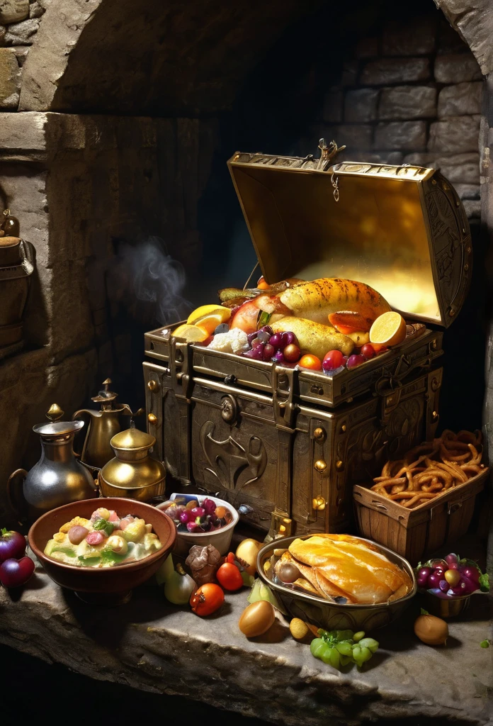 A golden chest, fully opened, spills forth an assortment of delectable foods. The scene is set in an ancient castle's dimly lit dungeon.