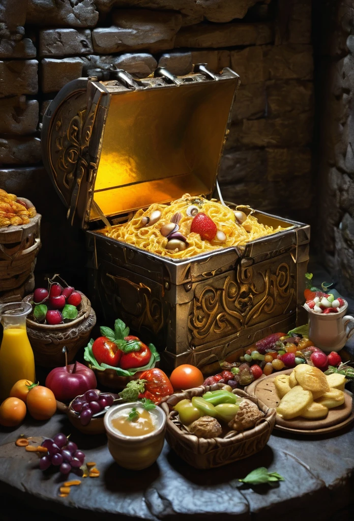 A golden chest, fully opened, spills forth an assortment of delectable foods. The scene is set in an ancient castle's dimly lit dungeon.