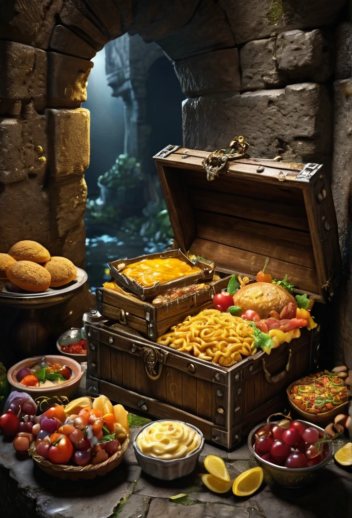 A golden chest, fully opened, spills forth an assortment of delectable foods. The scene is set in an ancient castle's dimly lit dungeon.