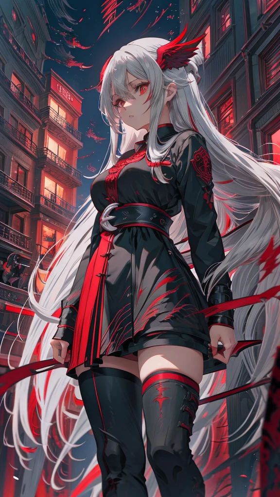anime, anime girl, Gray Hair, Red eyes, Black Dress, Red wings, Red wings, Red wings, Red wings, Red wings, Red wings,, gothic maiden anime girl, anime style 4 k, blonde anime girl with long hair, anime fantasy artwork, anime girl with long hair, anime art wallpaper 4k, anime art wallpaper 4 k, demon anime girl