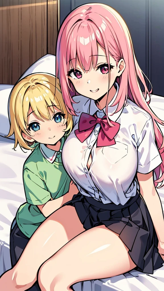 masterpiece, Highest quality, so beautiful, Absurd,High resolution,One girl, One boy,Cuddling in bed, like,sexy,Look at each one, blush,Age difference,bow tie,Blonde,chest,Long Hair,Pink Hair,pleated skirt,Tucked in shirt,short hair,skirt,smile,Tent shirt