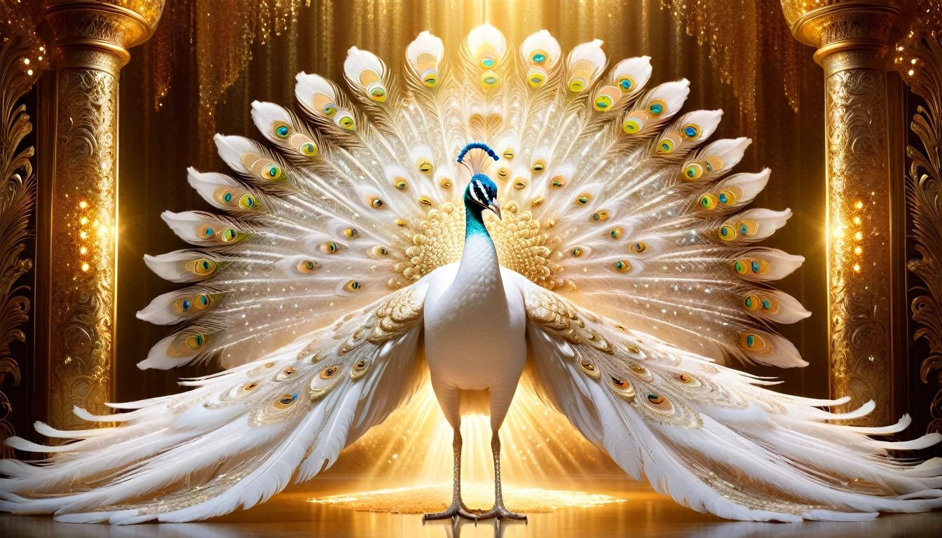 White peacock，Front upright，（Pure white body，Dense white feathers，Gold pattern，Crystal sparkle），Peacock opens the screen，Looking at the audience，fantasy，Colorful tones，masterpiece，Dramatic ethereal beauty，Panoramic view：1.2，Three light sources，reflected light