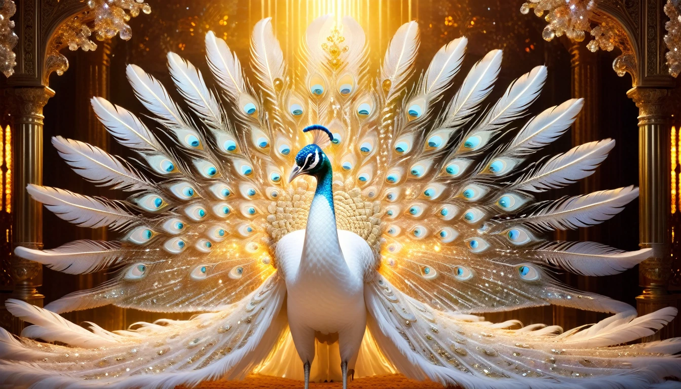 White peacock，Front upright，（Pure white body，Dense white feathers，Gold pattern，Crystal sparkle），Peacock opens the screen，Looking at the audience，fantasy，Colorful tones，masterpiece，Dramatic ethereal beauty，Panoramic view：1.2，Three light sources，reflected light