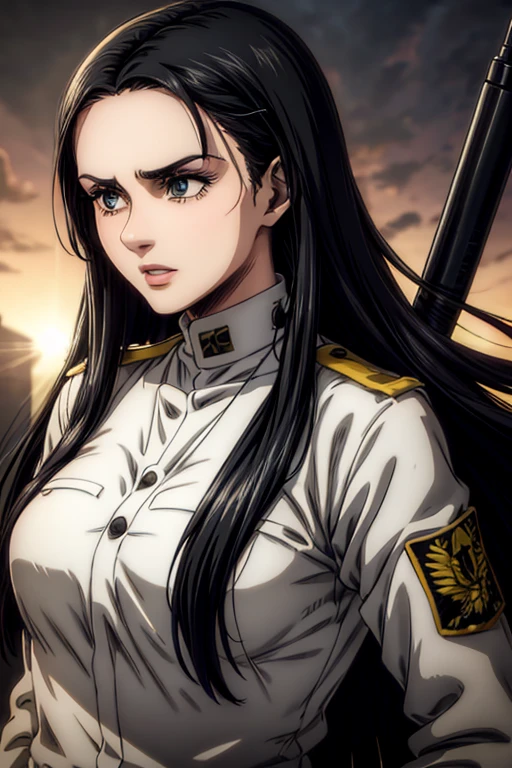 30 year old woman, long black hair, greeneyes, neutral expression, necklace on the neck, White military uniform, holding gun, liberia