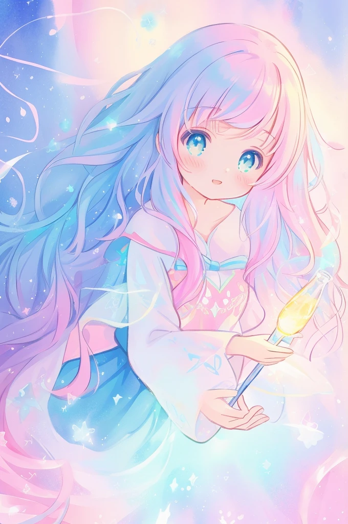 beautiful anime girl in colorful multi-layered ballgown, vibrant pastel colors, (colorful), magical lights, sparkling liquid light, colorful wavy hair, inspired by Glen Keane, inspired by Lois van Baarle, disney art style, by Lois van Baarle, glowing aura around her, by Glen Keane, jen bartel, glowing lights! digital painting, flowing glowing hair, glowing flowing hair, beautiful digital illustration, fantasia background, whimsical, magical, fantasy, beautiful face, ((masterpiece, best quality)), intricate details, highly detailed, sharp focus, 8k resolution, sparkling detailed eyes, liquid watercolor