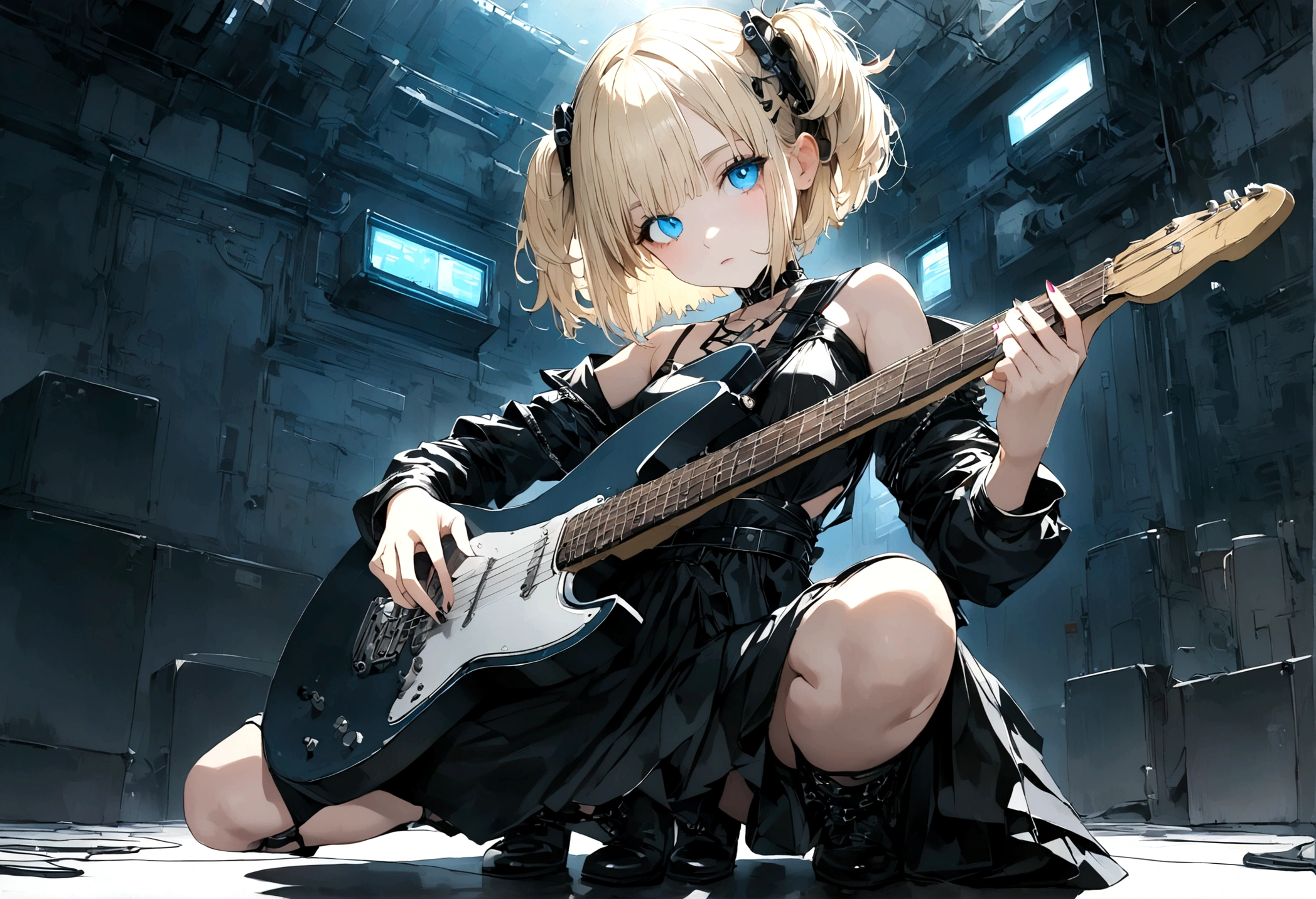 Anime girl with short blonde hair and blue eyes playing rock guitar,alone、Black Dress、 looking at the camera、whole body、cyber punk、Moonlit Night