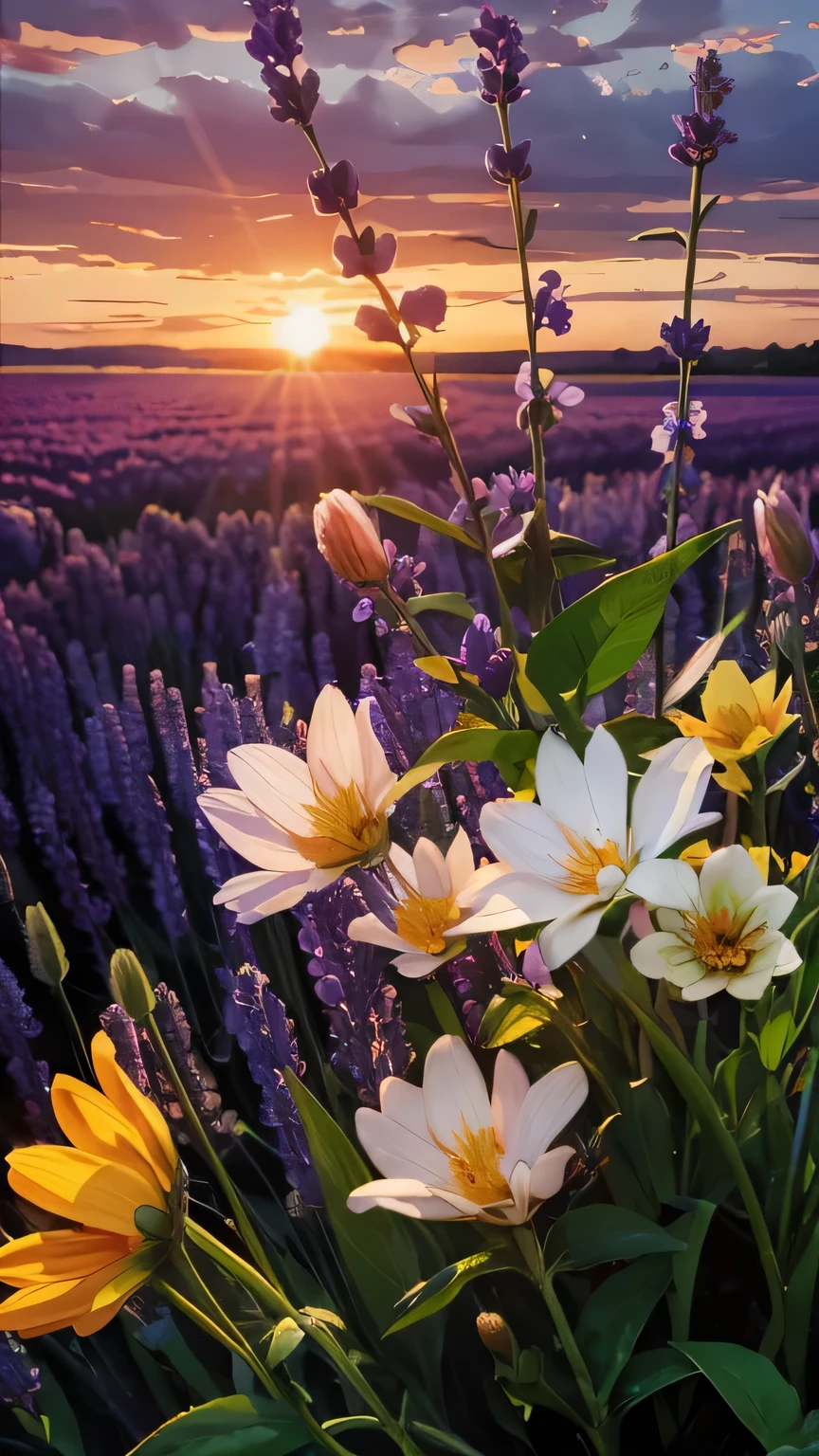 A picture of a bouquet of flowers on a lush green field, floral sunset, violet and yellow sunset, magical Colorful flowers, Beautiful composition 3-d 4k, Lilac Sun Raise, Lavender flowers, Details Field Properties, Floral Background, Fantasy Flower Field, Beautiful large flowers, beautiful flower, Colorful flowers, Sunset Warm Spring, Purple Flower, Flower Field, 4K High Definition,, Beautiful Art UHD 4K, Beautiful artwork illustration, Beautiful digital painting, Highly detailed digital painting, Beautiful digital art, Detailed painting 4k, Highly detailed digital painting, rich, picturesque colors, Gorgeous digital painting, not human
