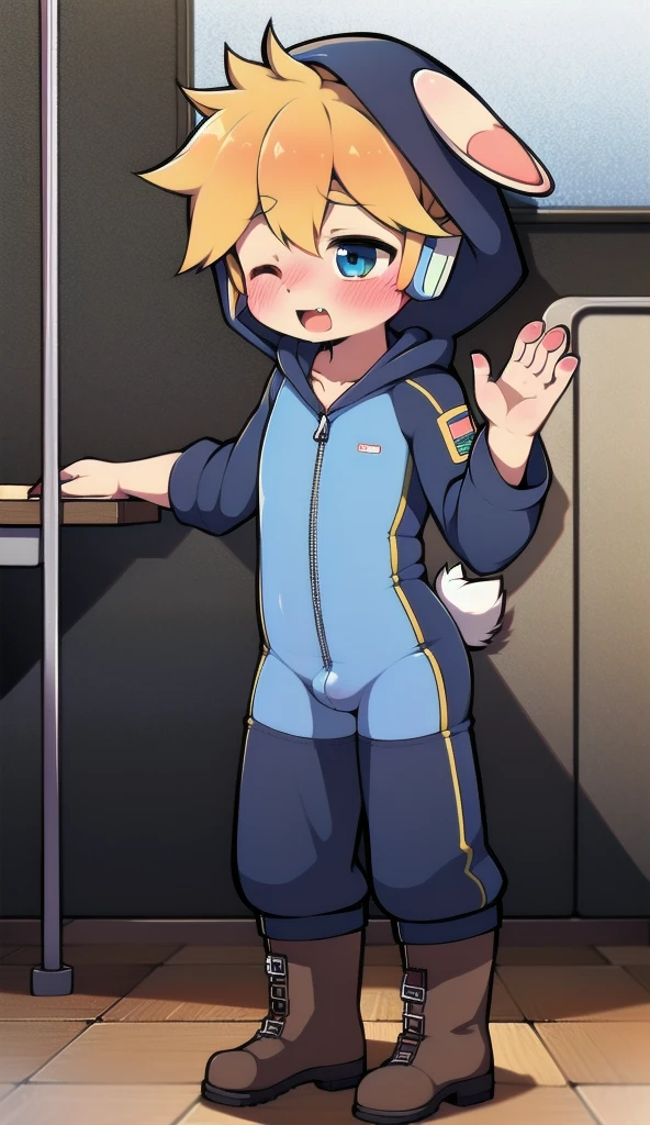 2D Boy Shota,One-piece mountaineering suit,Slim, healthy body,Put the headphones on your head,stand up,goggles,Rabbit ears,happy,Sailor collar,tie,Zipper pulled down,boots,hood,classroom,moan,blush,Raise your hands
