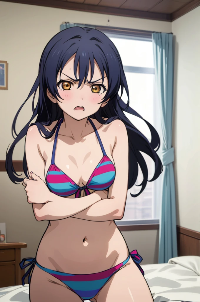 (masterpiece, best quality), 1girl,    umi sonoda,bikini,my room,angry