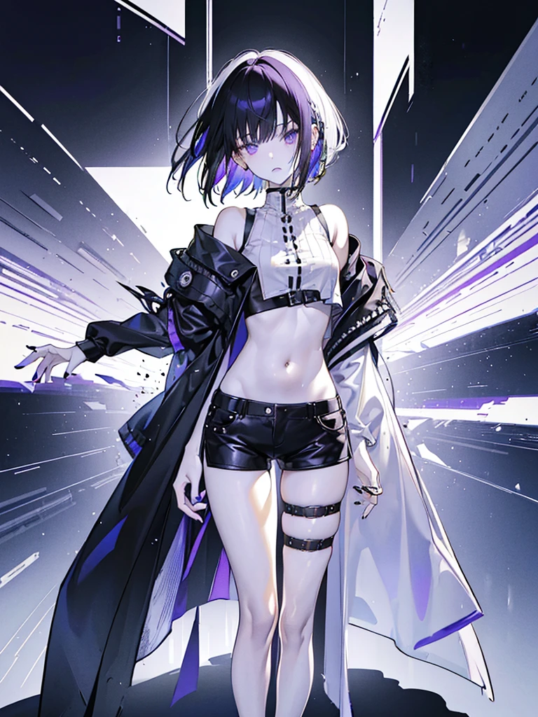 One Girl, Black and White Hair, Short Hair, Silver Piercings, Black Clothing, Black Nails, Showing Belly, Shorts, Gold Decoration, Purple and White Different Color, Cool, Cool Look, Perfect Body Line, Black Main Color, White Subcolor, Purple Accent Color, 20s, Fashionable, Full Length Ethnicity, Standing, White Background Thighs ((Top Quality)), ((Masterpiece)), (Detail), (High Contrast Natural Side Sunlight, Dynamic Lighting, Film Lighting), (((Face Front to Camera))), Full Length, Masterpiece, (Full Length), Legs, Perfect Legs, Full Length Shadow Image, ((Perfect Composition, Golden Ratio))