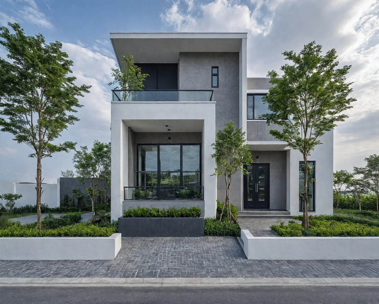Raw photo, masterpiece, high quality, best quality, realistic, super detailed, outdoor, 2-storey house, modern townhouse style, (white wall), curved wall facade, aluminum interior door glass, curved planter, gray tiled accent wall, gray iron box exterior gate, road, sidewalk, grass, trees, sky, clouds, (daylight):1.1)