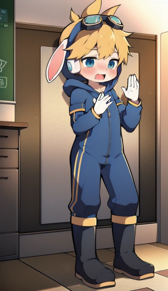 2D Boy Shota,One-piece mountaineering suit,Slim, healthy body,Put the headphones on your head,stand up,goggles,Rabbit ears,happy,Sailor collar,tie,Zipper pulled down,boots,hood,classroom,moan,blush,Raise your hands