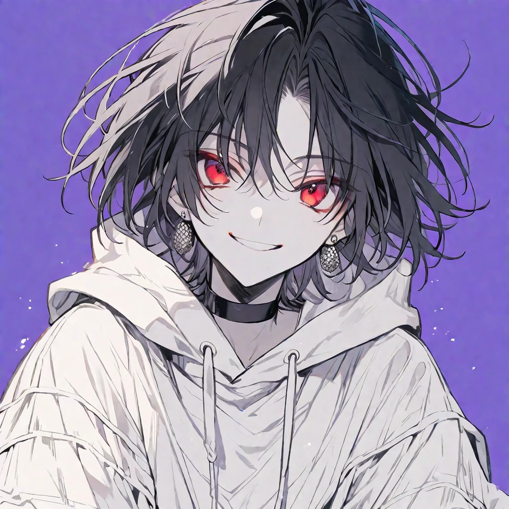 solo, handsome, monotone,
1. male,
Hime cut,Straight Hair,Bob Hair, ponytail,
black hair,
Nakano Yotsuba,
red Eyes,Soft look,beautiful,beautiful,Sexy,Darkness,Lots of silver earrings,choker,
White Distressed jeans, hoodie ,smile,skin,Summer,
simple background ,
purple background,
