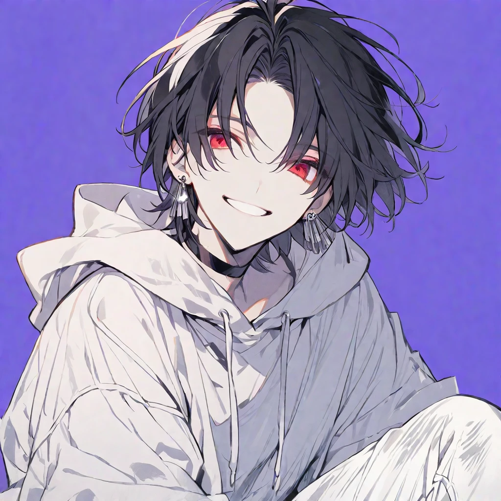 solo, handsome, monotone,
1. male,
Hime cut,Straight Hair,Bob Hair, ponytail,
black hair,
Nakano Yotsuba,
red Eyes,Soft look,beautiful,beautiful,Sexy,Darkness,Lots of silver earrings,choker,
White Distressed jeans, hoodie ,smile,skin,Summer,
simple background ,
purple background,