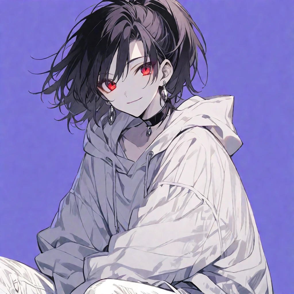 solo, handsome, monotone,
1. male,
Hime cut,Straight Hair,Bob Hair, ponytail,
black hair,
Nakano Yotsuba,
red Eyes,Soft look,beautiful,beautiful,Sexy,Darkness,Lots of silver earrings,choker,
White Distressed jeans, hoodie ,smile,skin,Summer,
simple background ,
purple background,