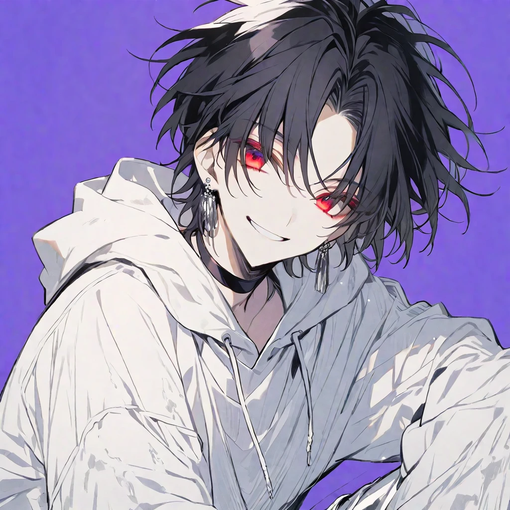 solo, handsome, monotone,
1. male,
Hime cut,Straight Hair,Bob Hair, ponytail,
black hair,
Nakano Yotsuba,
red Eyes,Soft look,beautiful,beautiful,Sexy,Darkness,Lots of silver earrings,choker,
White Distressed jeans, hoodie ,smile,skin,Summer,
simple background ,
purple background,