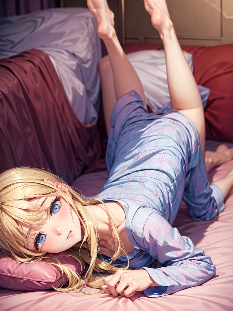 an adult girl, Blonde, blue eyes, pink pajamas, in his bed about to sleep