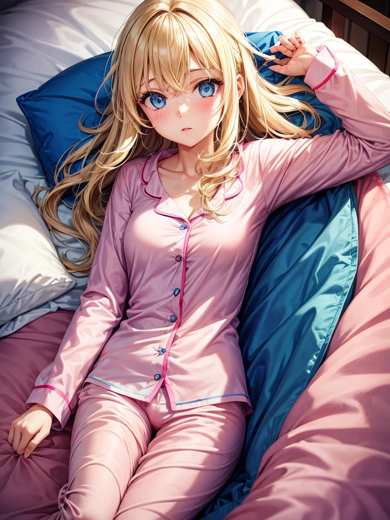 an adult girl, Blonde, blue eyes, pink pajamas, in his bed about to sleep 