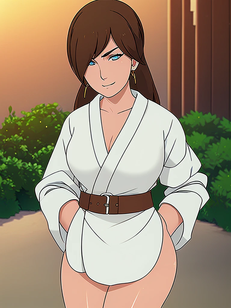 Just one girl,Best quality, 4k, high resolution, body stuck dress, perfect smile, gorgeous, white skin, ahegao face(hentai face) , brown hair, wearing white kimono, wearing white aprons,1 girl, solo, seductive look, elegance and charm, (masterpiece, best quality, high resolution), looking at the viewer, standing, (intricate and beautiful:1.2), (detailed light:1.2), (soft light, side light), (high resolution textures) , holding leash in hand(chain leash), outdoor, Burmese girl, wearing gorgeous jewelary, wearing harness over the outfit ,outdoor background, sun light, attractive, sexy, mature and hot, young,(masterpiece:1.3), (disorganized:1.3), (highest quality:1.3), perfect anatomy, detailed face, front view, perfect right hands, looking at viewer, (Super detailed:1.3), (best shadow:0.7), (treated hair), fine eyes, beautiful eyes, young aged woman, alone, standing, crystal earrings,closed_mouth, , outdoors,Thick thighs, arrogant face, small 