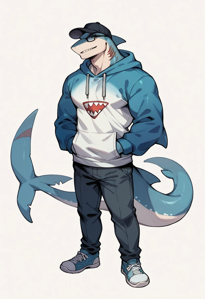 boy wearing glasses, shark hoodie,watercolor, handsome man,wearing a shark hat,full body,Distant view,white background