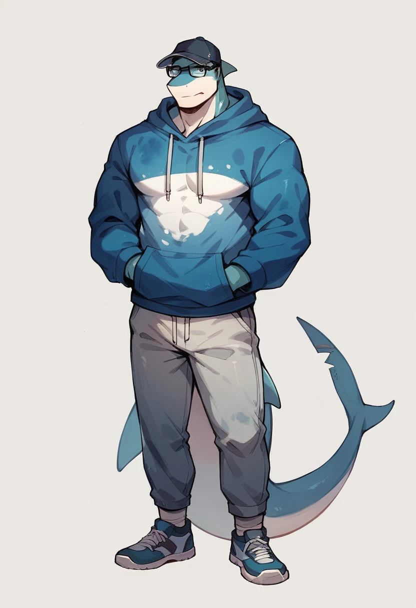 boy wearing glasses, shark hoodie,watercolor, handsome man，wearing a shark hat，full body，Distant view，white background