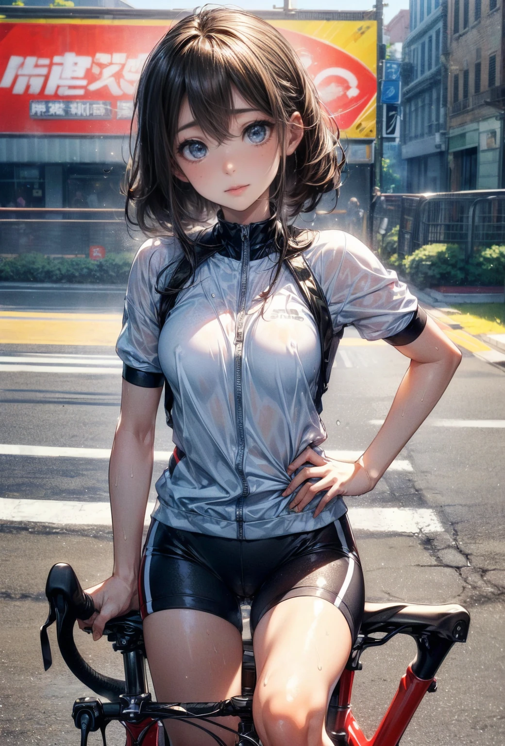 NSFW、Highest quality、(Road bike)、((ride a bicycle))、Smiling at the viewer、Beautiful Eyes、Beautiful Face、Delicate eyes、((Sweatで透けたスポーツウェア))、Sweat、refreshing plateau、、